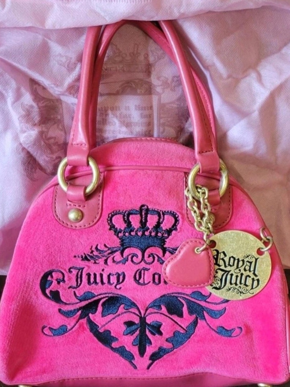 Juicy Couture RARE Hot Pink Embroidered Bowler Bag with Gold Charm VTG W/dustbag